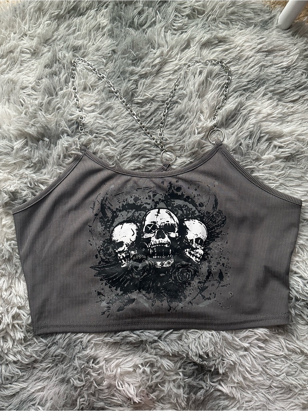ROMWE grunge  Ribbed Skull Crop Tank with Chain Straps